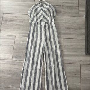 Karlie Gray & White Striped Halter Wide-Leg Jumpsuit